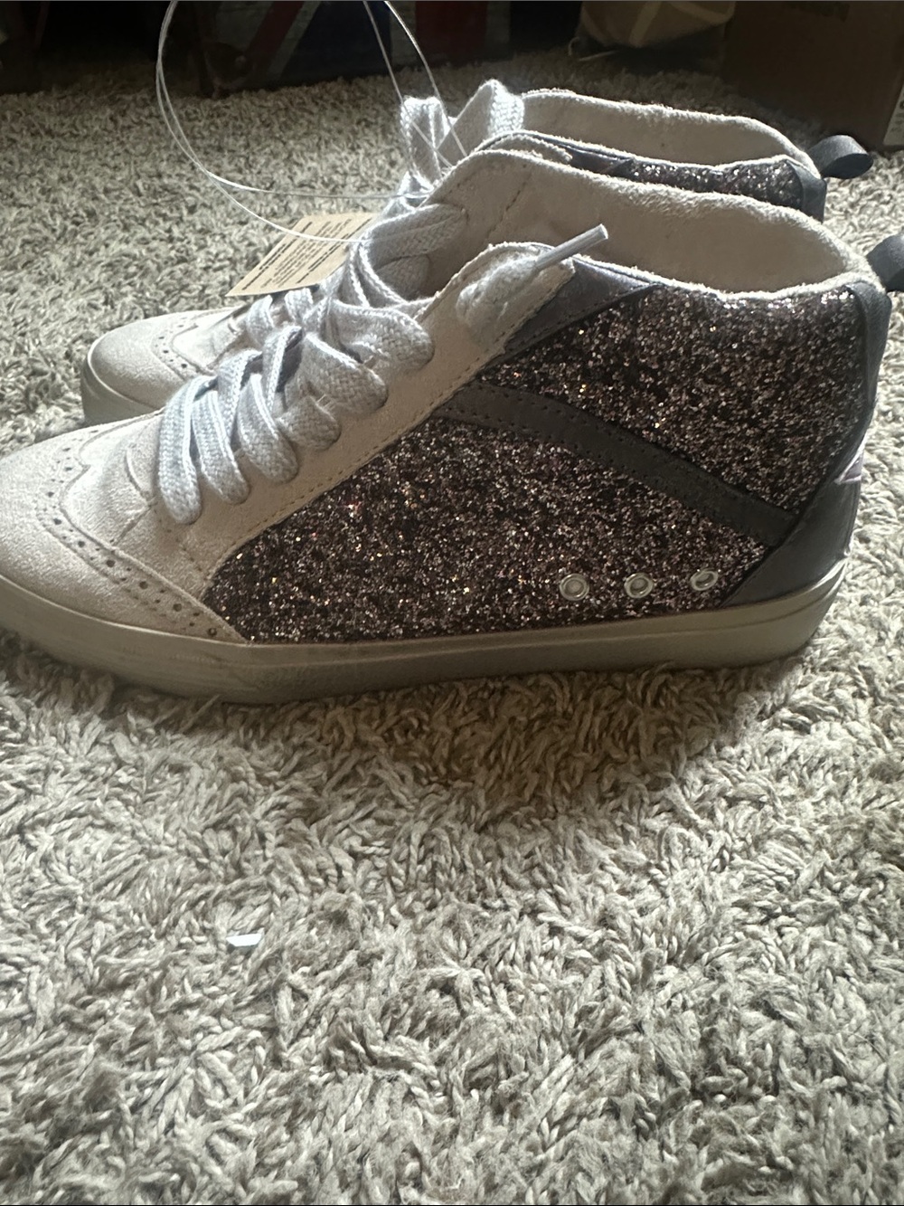 ShuShop Sparkle High-Top Sneakers in Silver Glitter and White